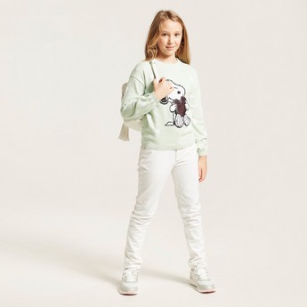 Snoopy Print Pullover with Sequin Detail and Long Sleeves