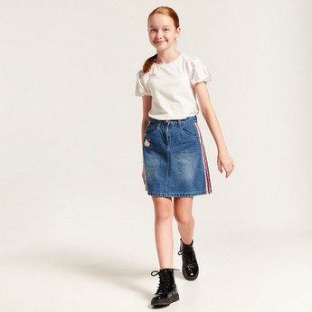 Hello Kitty Embroidered Denim Skirt with Pockets and Button Closure