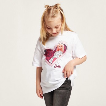 Barbie Print Round Neck T-shirt with Short Sleeves