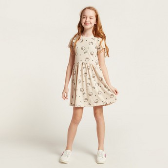 Sanrio Hello Kitty Print Dress with Round Neck and Short Sleeves