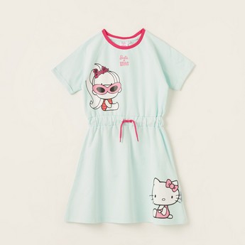 Sanrio Barbie Print Tiered Dress with Short Sleeves