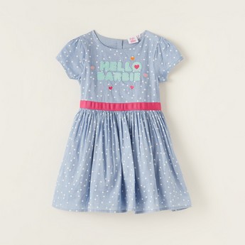 Sanrio Hello Barbie Print Round Neck A-line Dress with Belt Tie-Ups