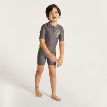 Juniors Printed Swimsuit with Short Sleeves and Zip Closure