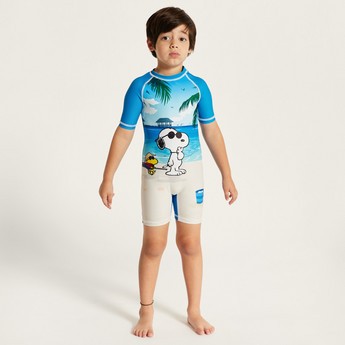 Snoopy Dog Print Swimsuit with Short Sleeves and Zip Closure