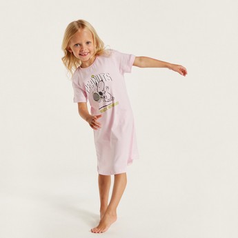 Peanuts Print Night Dress with Crew Neck and Short Sleeves