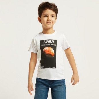 NASA Graphic Print T-shirt with Round Neck and Short Sleeves