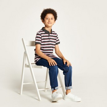 Juniors Striped Polo T-shirt with Short Sleeves and Button Closure