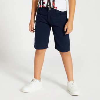 Juniors Solid Denim Shorts with Pockets and Button Closure