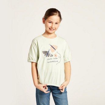 Juniors Round Neck Printed Top with Short Sleeves and Embellished Detail