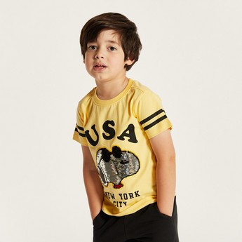 Snoopy Sequin Embellished Crew Neck T-shirt with Short Sleeves