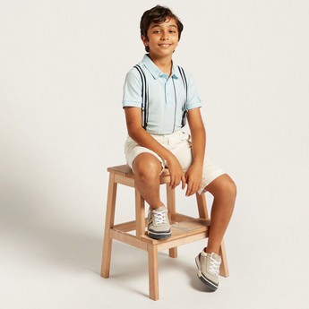 Juniors Striped Polo T-shirt and Shorts Set with Suspenders