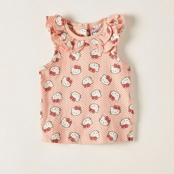 Sanrio Hello Kitty Print Sleeveless Top with Ruffle Detail