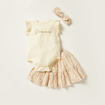 Giggles Printed Bodysuit and Skirt Set with Bow Accented Headband