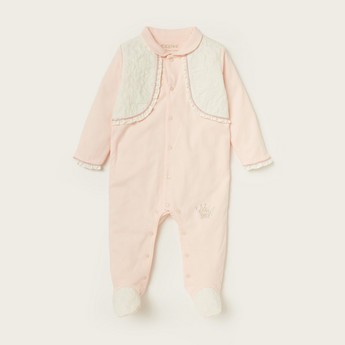 Giggles Embroidered Sleepsuit with Frill Detail and Snap Button Closure