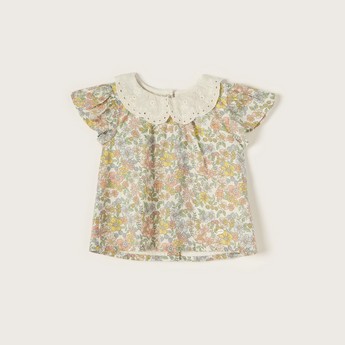 Giggles Floral Print Top with Lace Textured Peter Pan Collar