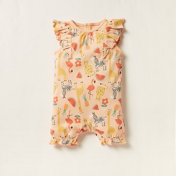 Juniors Printed Sleeveless Romper with Ruffles and Button Closure