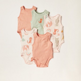 Juniors Printed Sleeveless Bodysuit with Button Closure - Set of 5