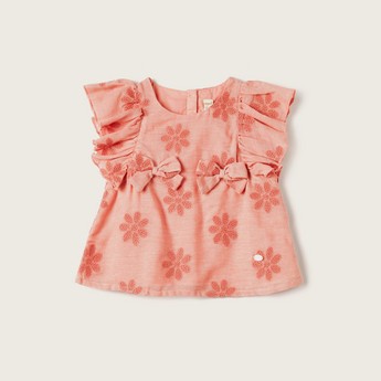 Giggles Embroidered Top with Bow Accent and Ruffles