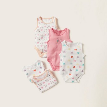 Juniors Printed Sleeveless Bodysuit with Button Closure - Set of 5