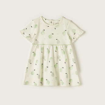 Juniors Pear Print Dress with Round Neck and Short Sleeves