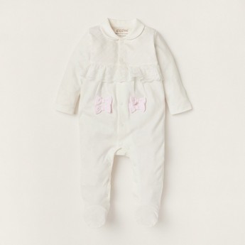 Giggles Bow Accented Sleepsuit with Long Sleeves and Frill Detail