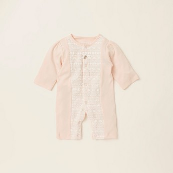 Giggles Solid Sleepsuit with Round Neck and Lace Inserts