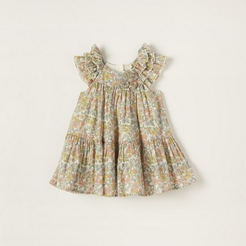 Giggles Floral Print Tiered Dress with Short Sleeves and Ruffle Detail