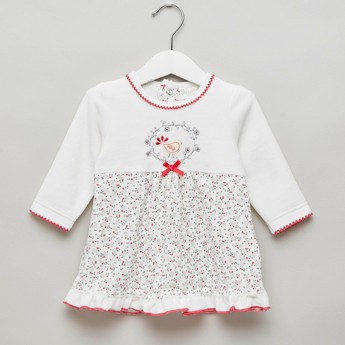 Juniors Floral Print Dress with 3/4 Sleeves and Embroidery