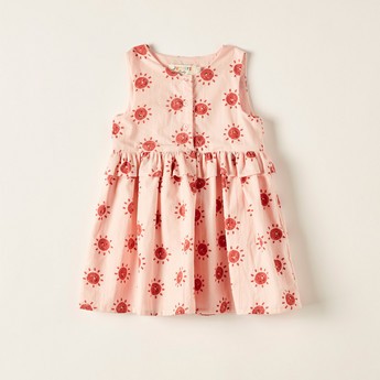 Juniors Printed Sleeveless A-line Dress with Button Closure