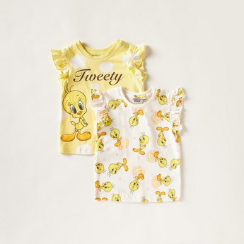 Tweety Print Crew Neck T-shirt with Ruffled Sleeves - Set of 2