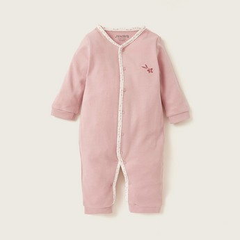 Juniors Solid Sleepsuit with Long Sleeves and Flower Embroidered Detail