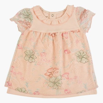 Giggles Floral Embroidered Dress with Round Neck and Short Sleeves