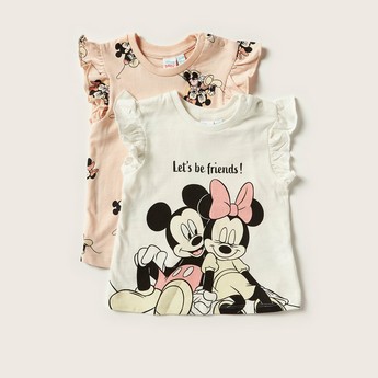 Disney Mickey and Minnie Print Round Neck Top with Ruffled Sleeves - Set of 2