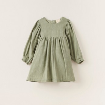 Love Earth Textured Organic Dress with Long Sleeves and Button Closure