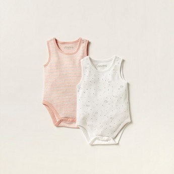 Juniors Printed Sleeveless Bodysuit with Button Closure - Set of 2