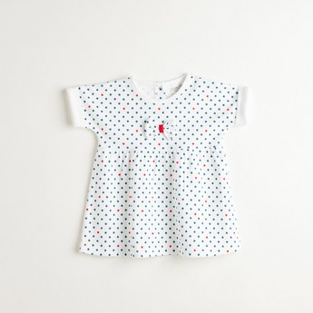 Juniors All-Over Printed A-line Dress with Short Sleeves and Bow Applique