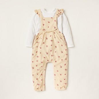 Juniors Solid T-shirt and All-Over Printed Dungaree Set