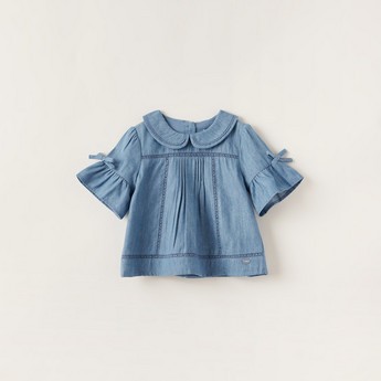 Giggles Solid Blouse with Short Sleeves and Bow Applique