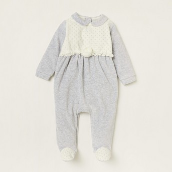 Giggles Printed Closed Feet Sleepsuit with Long Sleeves and Flower Lace