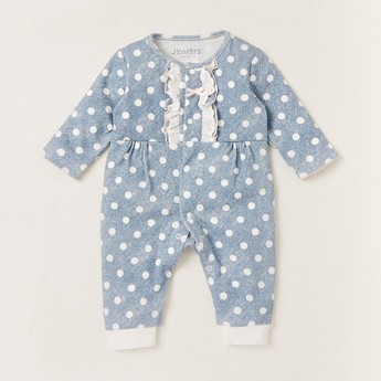 Juniors Polka Dots Print Sleepsuit with Long Sleeves and Lace Detail