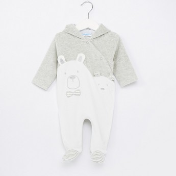 Juniors Bear Embroidery Closed Feet Sleepsuit with Long Sleeves and Hood