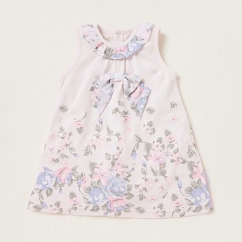 Giggles Floral Print Sleeveless Dress with Bow Applique Detail