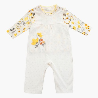 Juniors Embroidered Dungaree and Long Sleeves T-shirt Set