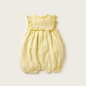 Juniors Striped Sleeveless Romper with Ruffle Detail and Button Closure