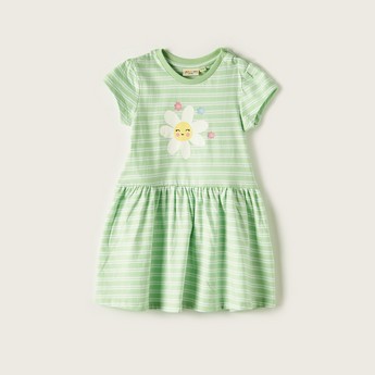 Juniors Striped Round Neck A-line Dress with Cap Sleeves