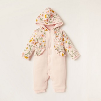 Juniors Floral Print Sleepsuit with Long Sleeves and Hood