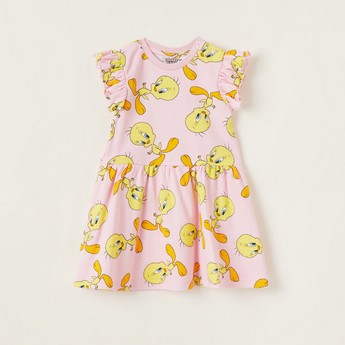 Tweety Printed Round Neck Knit Dress with Cap Sleeves