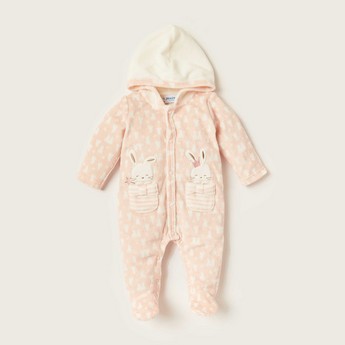 Juniors All-Over Printed Closed Feet Hooded Sleepsuit with Long Sleeves and Pockets