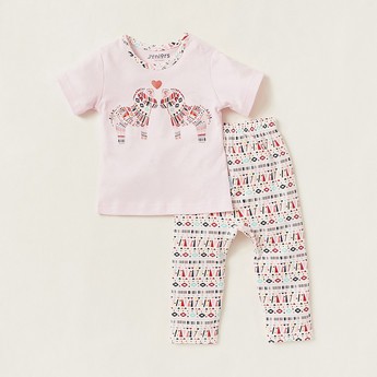 Juniors Embroidered Round Neck T-shirt and Full Length Pyjama Set