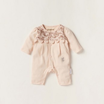 Giggles Floral Print Sleepsuit with Long Sleeves and Lace Detail